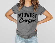 Load image into Gallery viewer, Person wearing a gray t-shirt with 'Midwest Cowgirl' text on a plain background