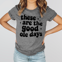 Load image into Gallery viewer, Person wearing a gray t-shirt with 'these are the good ole days' text on a plain background