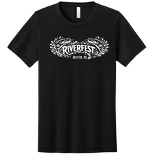Load image into Gallery viewer, Black t-shirt with 'Riverfest' graphic design on a white background