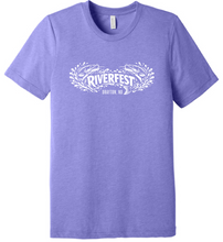 Load image into Gallery viewer, Purple t-shirt with 'Riverfest' logo on a white background
