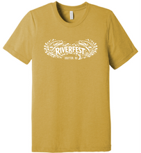 Load image into Gallery viewer, Mustard yellow t-shirt with 'Riverfest' graphic on a white background