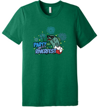 Load image into Gallery viewer, Green t-shirt with a fish graphic and 'Riverfest' text on a white background