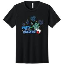 Load image into Gallery viewer, Black t-shirt with colorful graphic and text on a white background