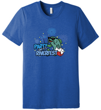 Load image into Gallery viewer, Blue t-shirt with a graphic design on a white background