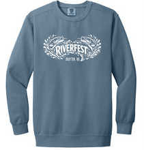 Load image into Gallery viewer, Blue sweatshirt with 'Riverfest' logo on a white background