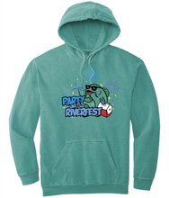 Load image into Gallery viewer, Teal hoodie with a graphic design on a white background