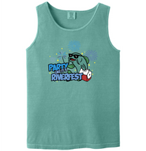 Load image into Gallery viewer, Teal tank top with a graphic design on a white background