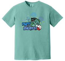 Load image into Gallery viewer, Teal t-shirt with a graphic of a frog and text on a white background