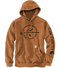 Load image into Gallery viewer, Brown hoodie with hunting graphic and Carhartt branding on a white background