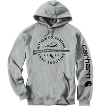 Load image into Gallery viewer, Gray hoodie with hunting graphic and Carhartt logo on a white background