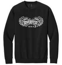 Load image into Gallery viewer, Black sweatshirt with 'Riverfest' logo on a white background