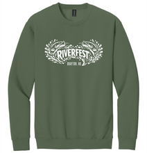 Load image into Gallery viewer, Green sweatshirt with 'Riverfest' logo on a white background