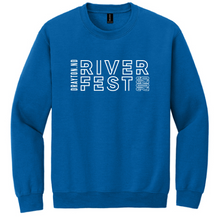 Load image into Gallery viewer, Blue sweatshirt with white text on a white background