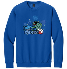 Load image into Gallery viewer, Blue sweatshirt with a fish graphic and text on a white background