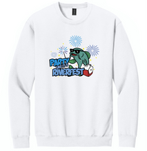 Load image into Gallery viewer, White sweatshirt with a graphic design of a fish wearing sunglasses and a party hat, with text and fireworks on a white background.