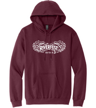 Load image into Gallery viewer, Maroon hoodie with 'Riverfest' logo on a white background