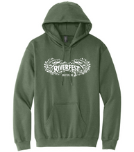 Load image into Gallery viewer, Green hoodie with 'Riverfest' logo on a white background