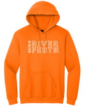 Load image into Gallery viewer, Orange hoodie with 'RIVER FEST' text on a white background