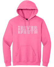 Load image into Gallery viewer, Pink hoodie with 'RIVERFEST' text on a white background