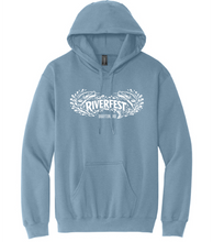 Load image into Gallery viewer, Blue hoodie with 'Riverfest' logo on a white background