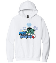 Load image into Gallery viewer, White hoodie with graphic design on a white background