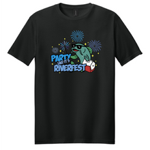 Load image into Gallery viewer, Black t-shirt with colorful graphic design on a white background