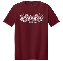 Load image into Gallery viewer, Maroon t-shirt with 'Riverfest' logo on a white background