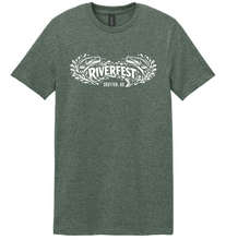 Load image into Gallery viewer, Green t-shirt with 'Riverfest' logo on a white background