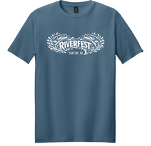 Load image into Gallery viewer, Blue t-shirt with 'Riverfest' logo on a white background