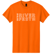 Load image into Gallery viewer, Orange t-shirt with 'River Fest' text on a white background