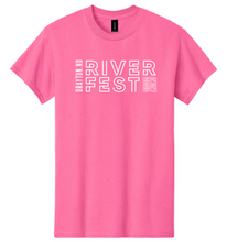 Load image into Gallery viewer, Pink t-shirt with 'RIVER FEST' text on a white background