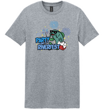 Load image into Gallery viewer, Gray t-shirt with a graphic of a frog and text 'Party like it's Riverfest' on a white background