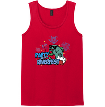 Load image into Gallery viewer, Red tank top with a graphic design of a fish and text on a white background