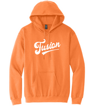 Load image into Gallery viewer, Orange hoodie with 'Fusion' text on a white background