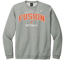 Load image into Gallery viewer, Gray sweatshirt with 'Fusion' and 'West Marshall' text on a white background