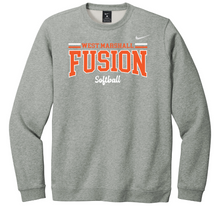 Load image into Gallery viewer, Gray sweatshirt with 'West Marshall Fusion Softball' text on a white background