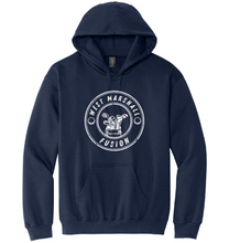 Load image into Gallery viewer, Navy blue hoodie with a white logo on a white background
