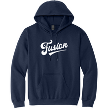 Load image into Gallery viewer, Navy blue hoodie with 'Fusion' text on a white background