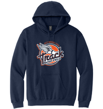 Load image into Gallery viewer, Navy blue hoodie with a track and field logo on a white background