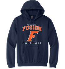 Load image into Gallery viewer, Navy hoodie with 'Fusion Baseball' text and logo on a white background