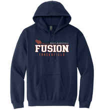 Load image into Gallery viewer, Navy hoodie with 'Fusion Track &amp; Field' text on a white background