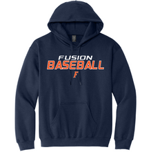 Load image into Gallery viewer, Navy hoodie with 'Fusion Baseball' text on a white background