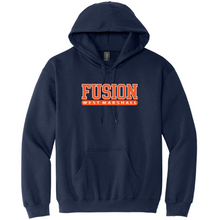 Load image into Gallery viewer, Navy blue hoodie with orange text on a white background