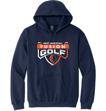 Load image into Gallery viewer, Navy hoodie with 'West Marshall Fusion Golf' logo on a white background