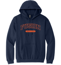 Load image into Gallery viewer, Navy blue hoodie with 'Fusion Track &amp; Field' text on a white background