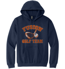 Load image into Gallery viewer, Navy blue hoodie with 'Fusion Golf Team' text and graphics on a white background