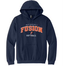 Load image into Gallery viewer, Navy hoodie with 'West Marshall Fusion Softball' text on a white background