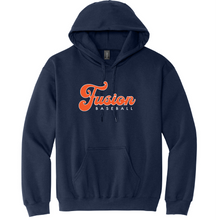Load image into Gallery viewer, Navy blue hoodie with 'Fusion Baseball' text on a white background