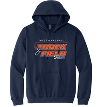 Load image into Gallery viewer, Navy blue hoodie with 'West Marshall Track Field Fusion' text on a white background