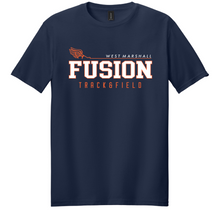Load image into Gallery viewer, Navy blue t-shirt with 'Fusion Track &amp; Field' text on a white background
